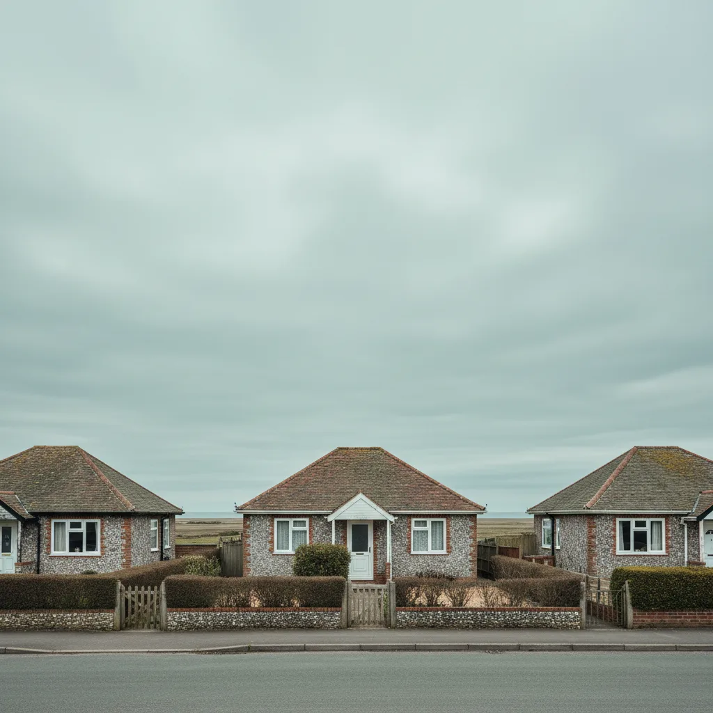 A quiet street of 1930s bungalows on the flat coastal plain, low tiled roofs and clipped hedges, wide grey sky above