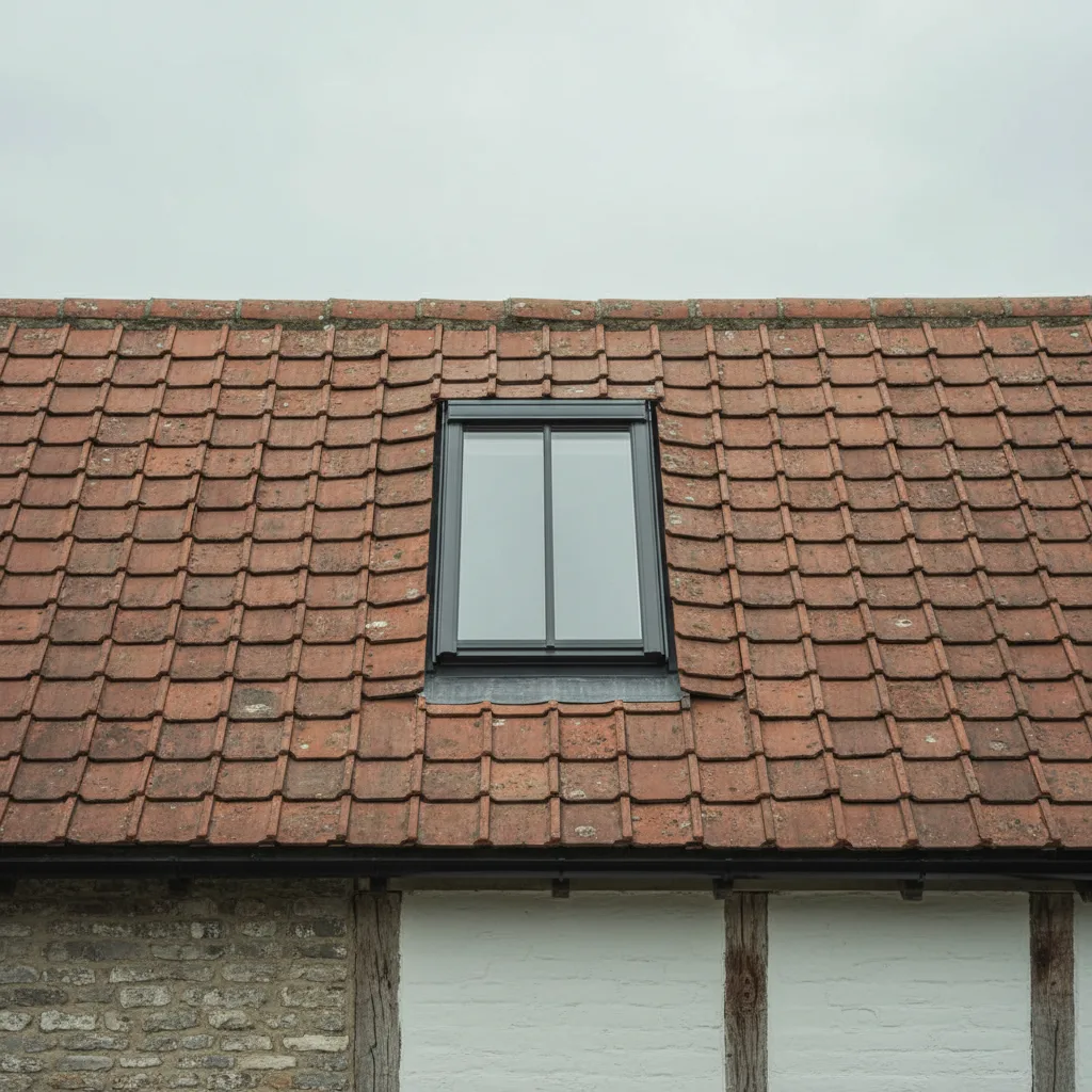 A slim black conservation rooflight sitting nearly flush in a Sussex clay peg tile roof, single central glazing bar, hand made tiles irregular around it