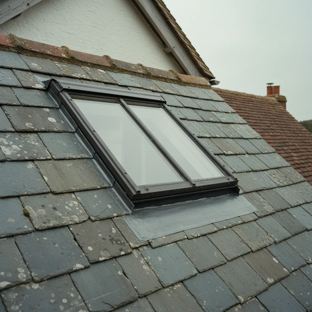 The cast metal frame of a conservation rooflight seen close where it meets slate, the lead soaker dressed under the courses beside it