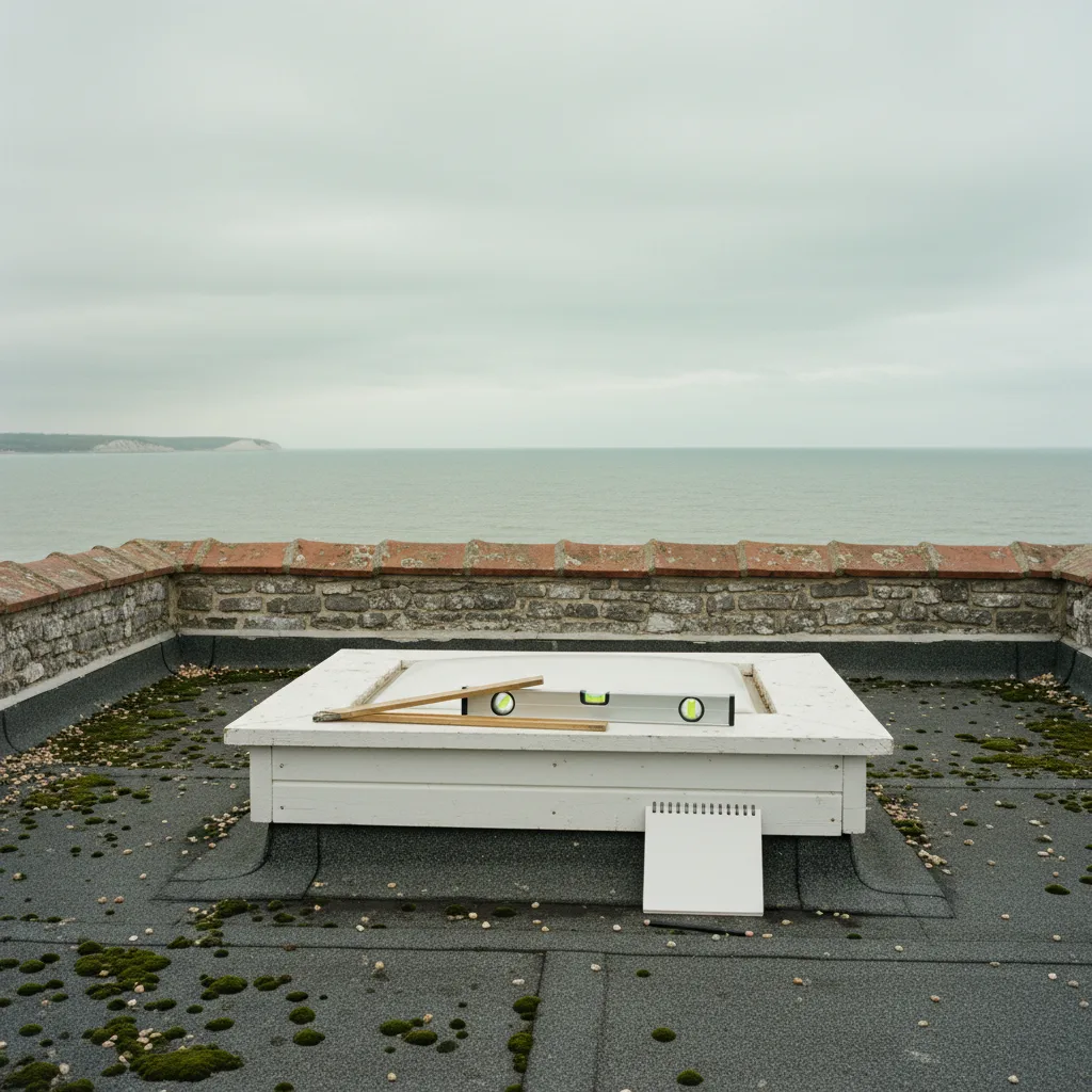 A survey being set out on a flat roof: a folding rule and a spirit level laid across a rooflight kerb, notebook beside them, no hands in frame
