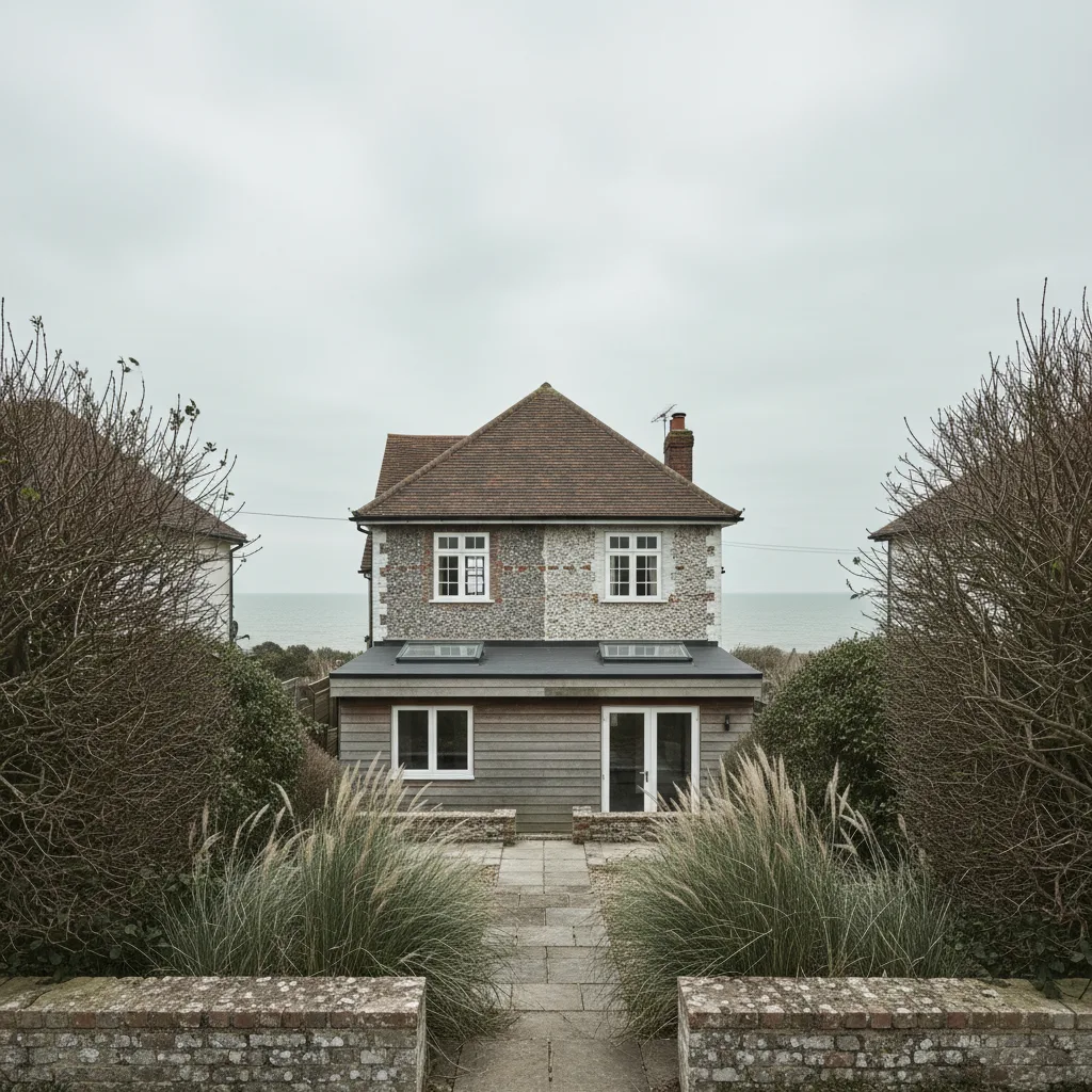 A rear elevation of a 1930s West Sussex semi with a new flat roof extension and two rooflights, seen from the garden, mature planting either side