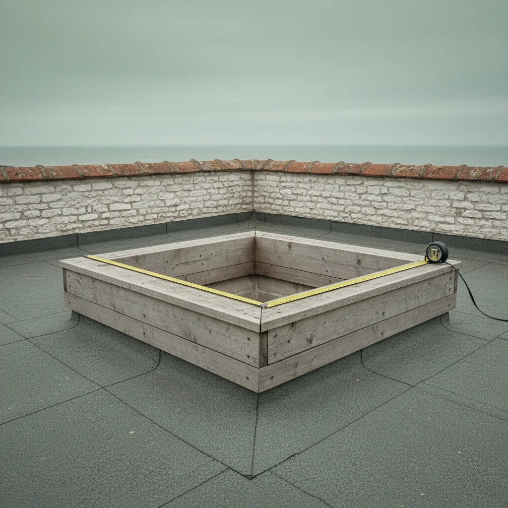 A tape measure stretched corner to corner across the diagonal of a timber rooflight kerb on a flat roof, checking it for square, no hands in frame