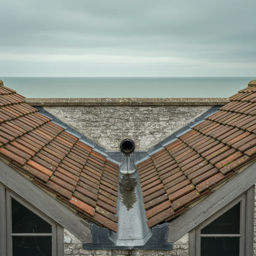A lead lined valley gutter between two shallow roof slopes behind a parapet on a Regency terrace, running away toward a rainwater outlet