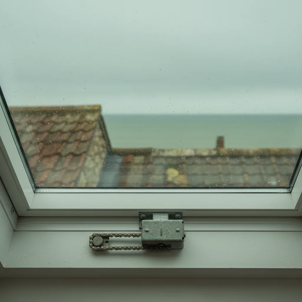 A chain actuator on the sash of an opening rooflight, part extended, seen close against the frame and the glass