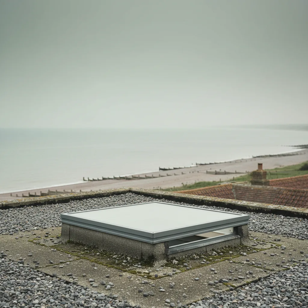 An opening flat rooflight raised on a coastal flat roof, sea and shingle far behind and out of focus, salt haze in the air