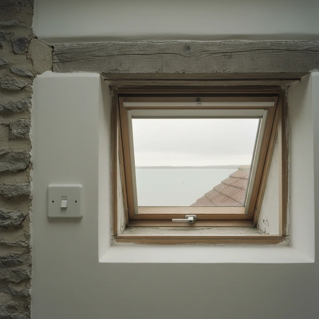 A wall mounted rocker switch beside the reveal of an opening rooflight in a plain kitchen, seen close in flat daylight