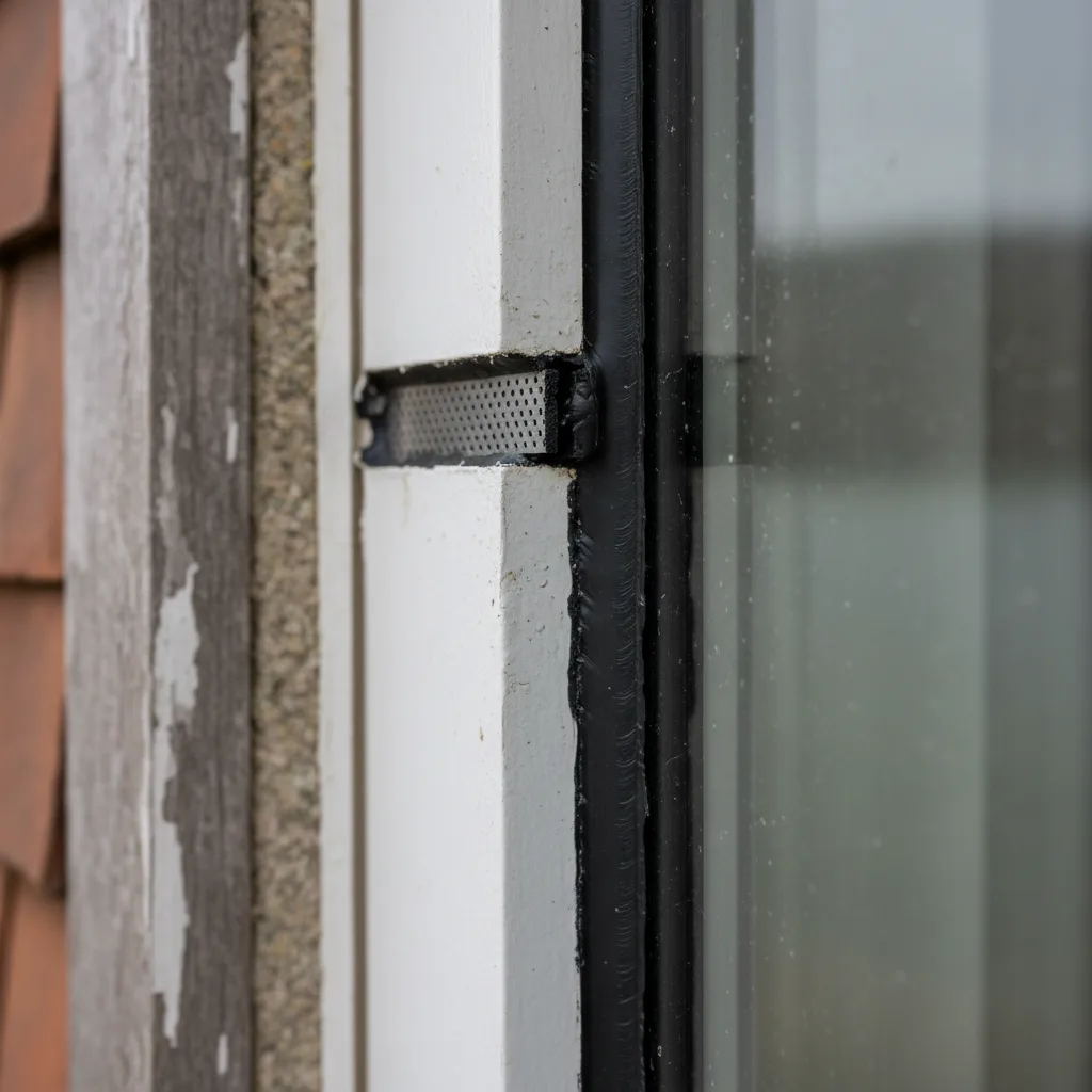 A warm edge spacer bar at the corner of a sealed glazing unit seen very close, the desiccant perforations and the depth of the seal legible
