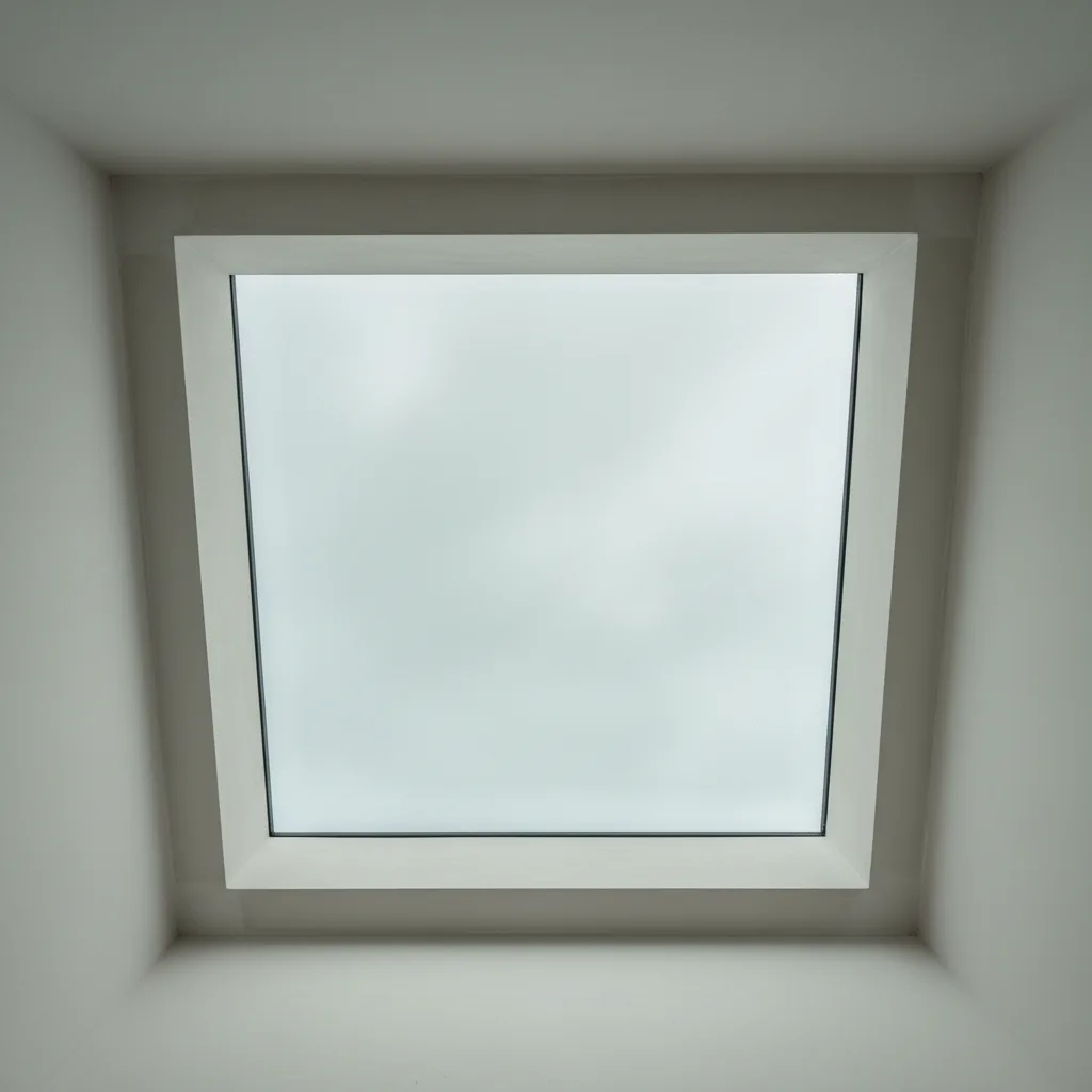 A large flush glazed flat rooflight seen from inside an empty room, looking straight up at a flat overcast sky, plain plastered reveal around it