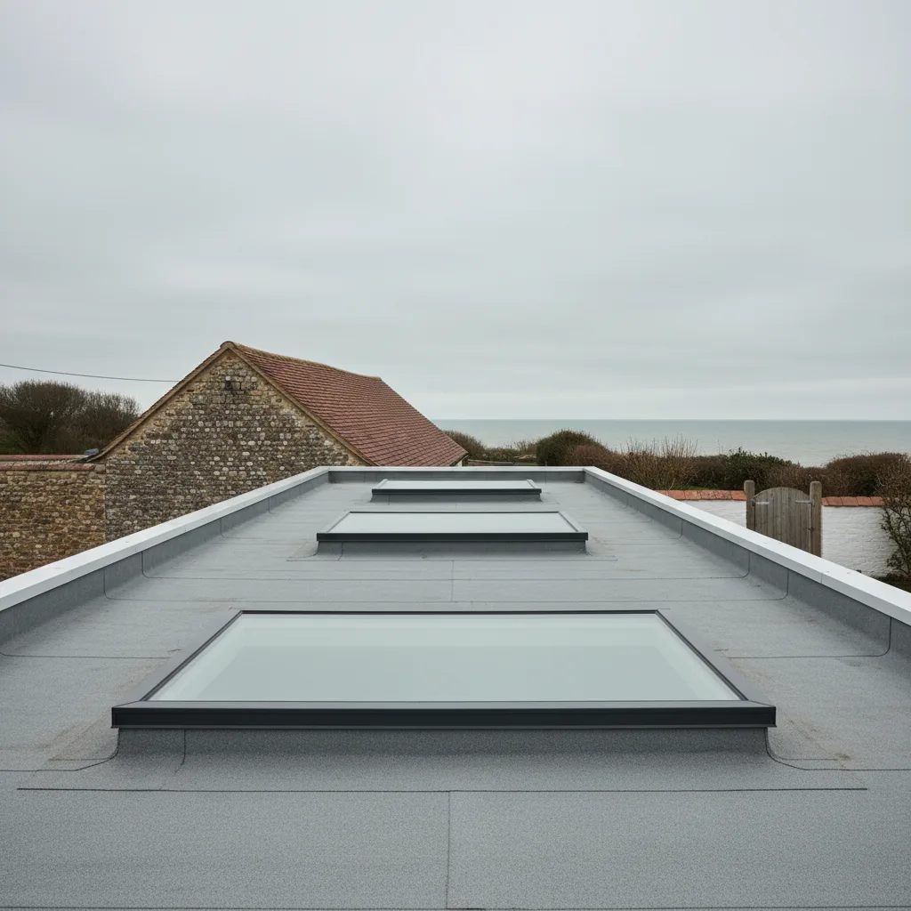 A run of three flush glazed rooflights in a line along a grey single ply flat roof, seen from ladder height down the run, low overcast sky