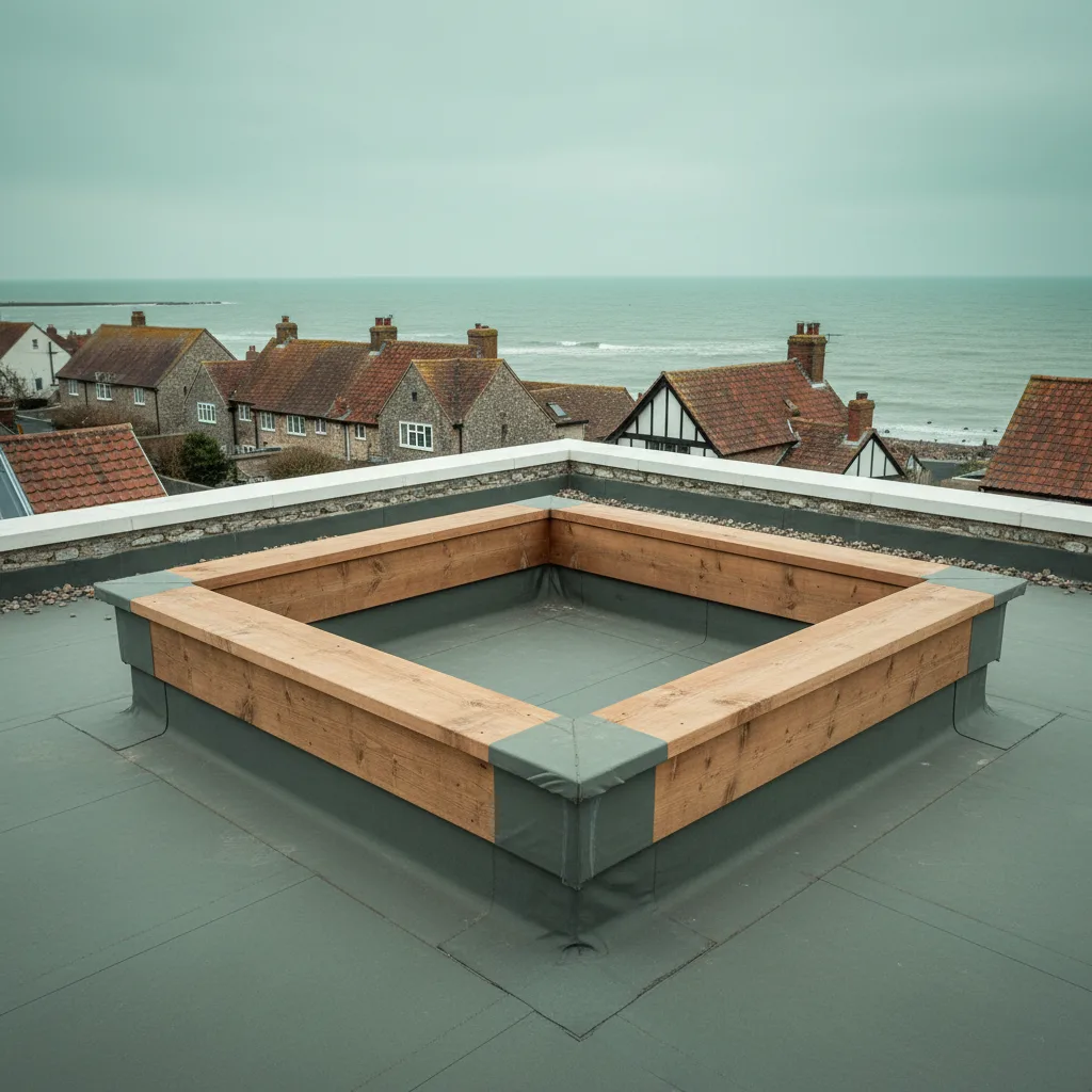 An insulated timber kerb built up on a flat roof deck ready to receive a rooflight, the membrane dressed up its sides, seen from above at an angle