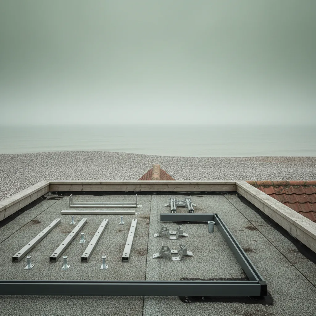 Marine-grade stainless steel fixings laid out on a roof before installation of a coastal rooflight