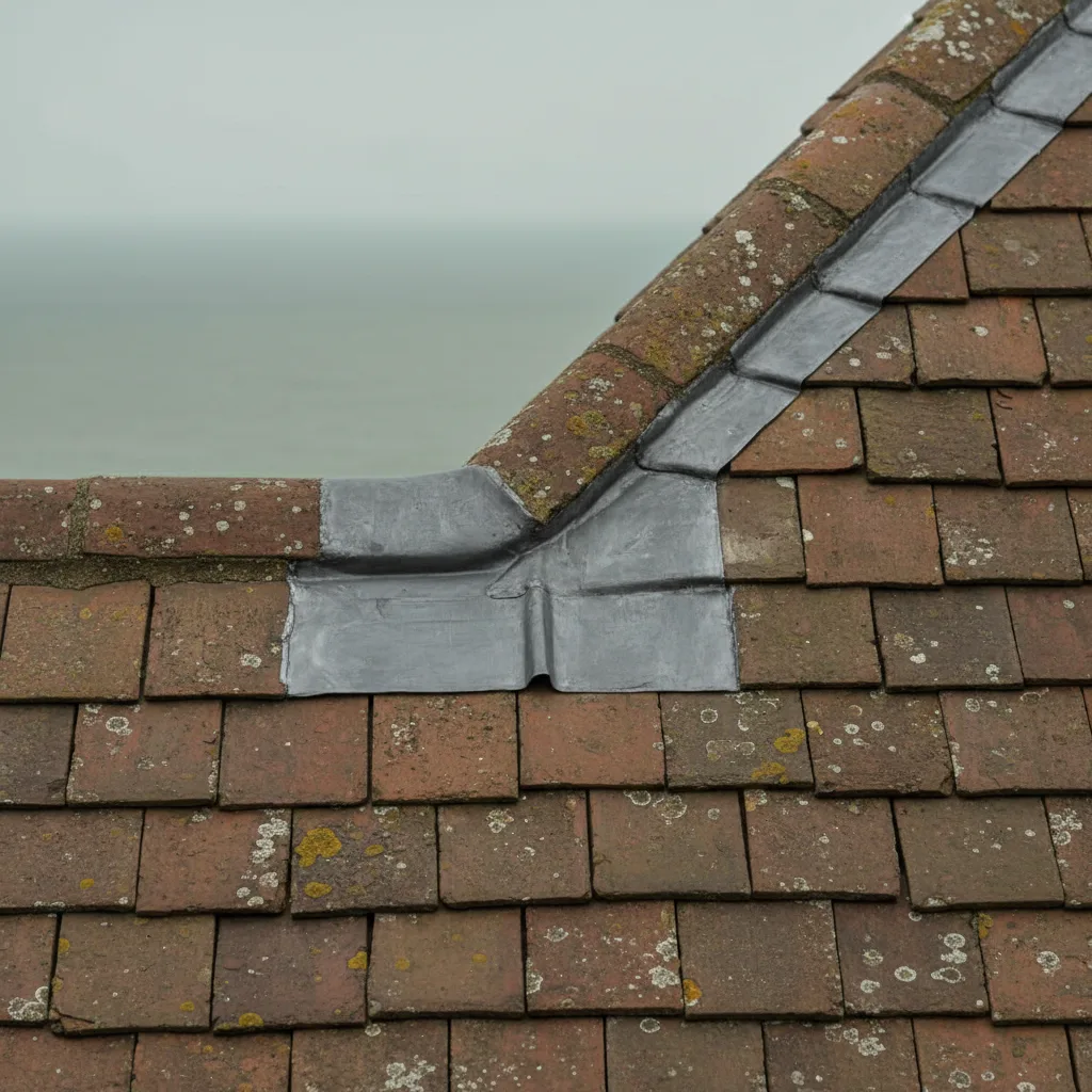Lead flashing being dressed into pantile roof covering around a pitched-roof skylight