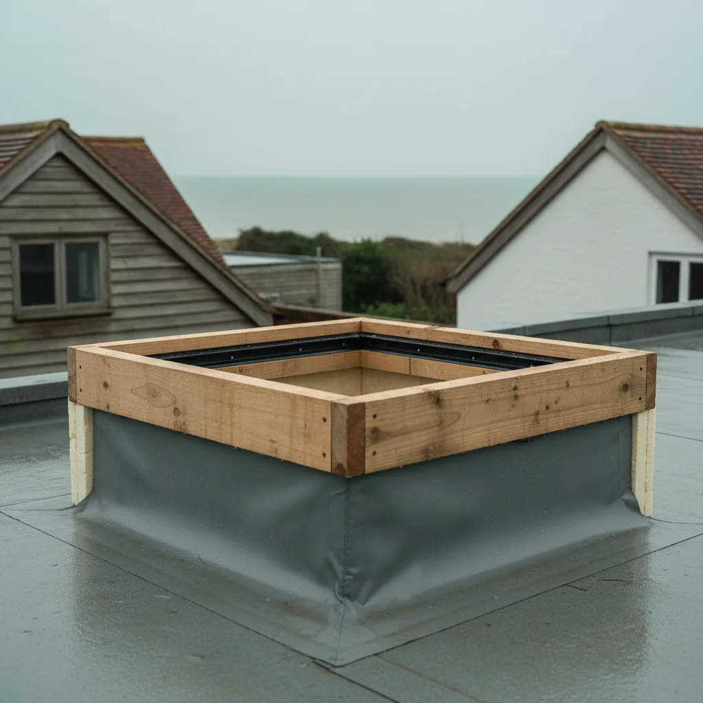Close-up of a timber upstand kerb built around a rooflight opening on a flat roof, membrane dressed up the side