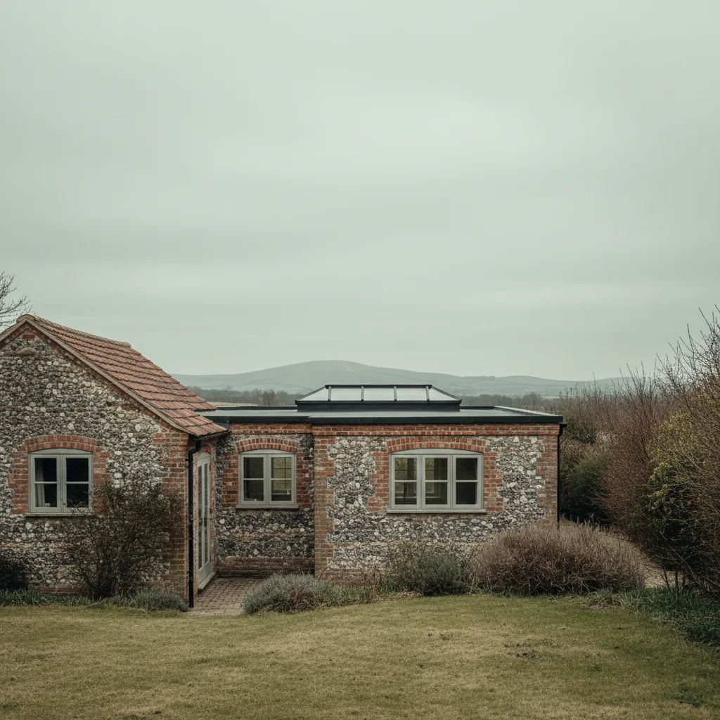 A flat rooflight being installed into the flat roof of a rear extension on an Worthing home, scaffolding in place under an overcast West Sussex sky
