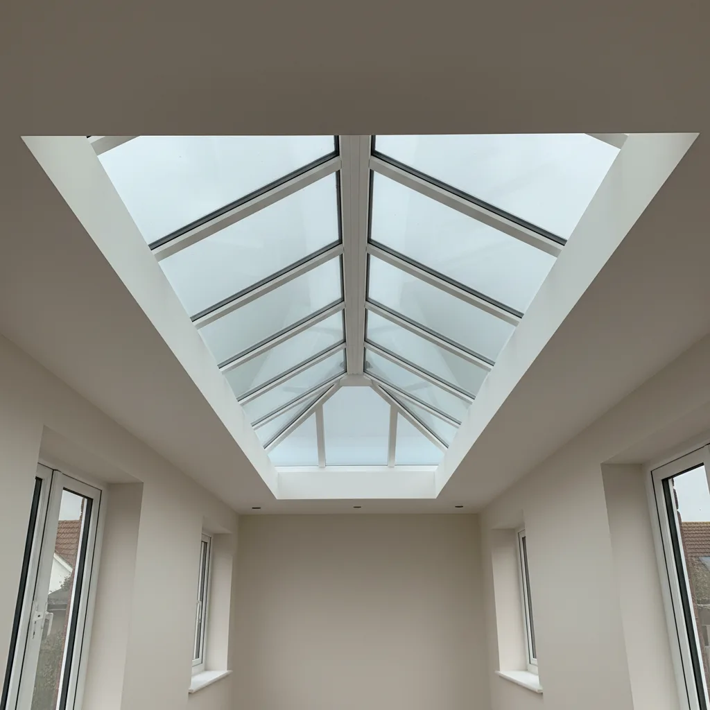 Interior of an empty kitchen extension looking up into a large roof lantern, glazing bars and ridge running away from the camera, flat white ceiling and plain plastered walls