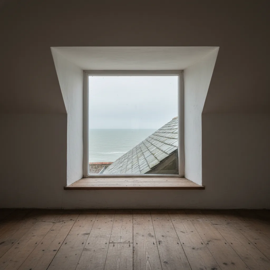 A roof window set into a natural slate slope seen from inside a loft room, the plastered reveal splayed outward, bare floorboards and white walls