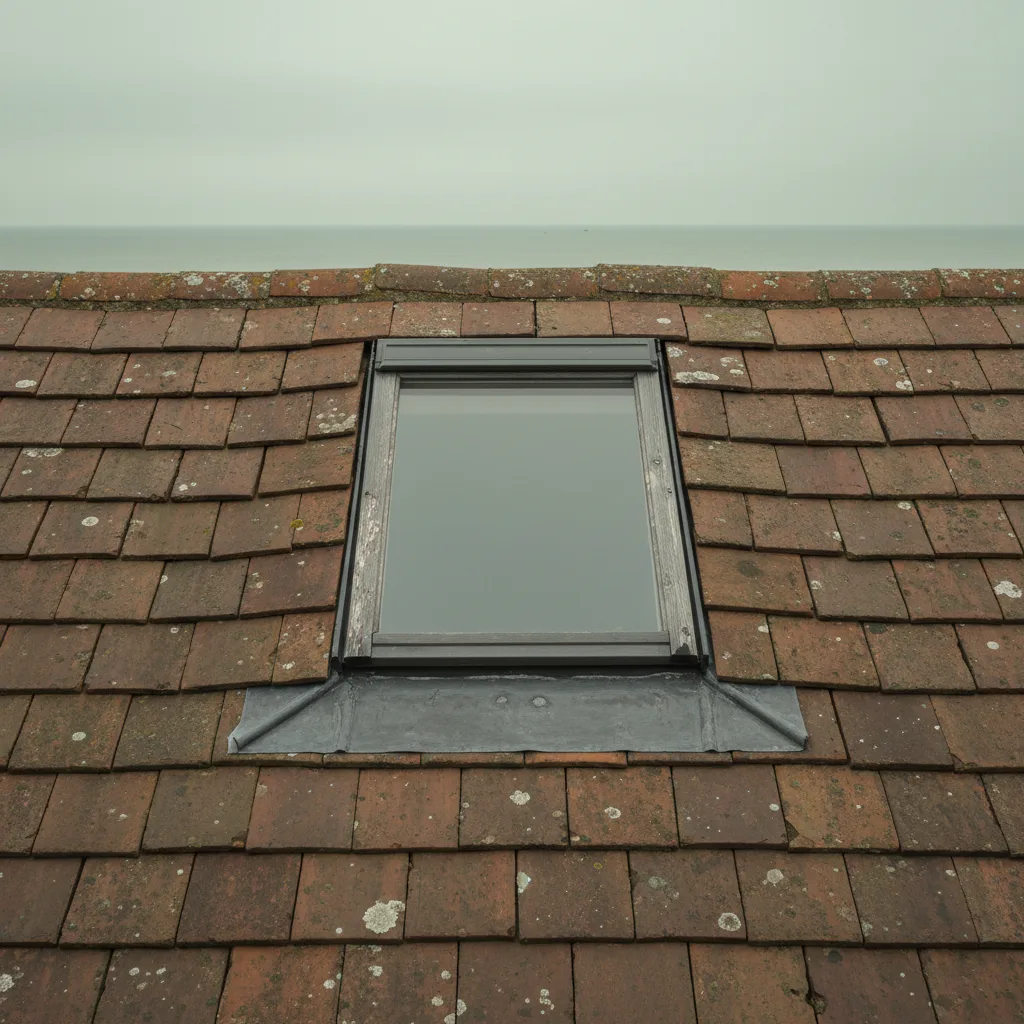 The junction of a roof window and a Sussex clay peg tile slope, apron flashing dressed over the tiles below the frame, seen close and square on