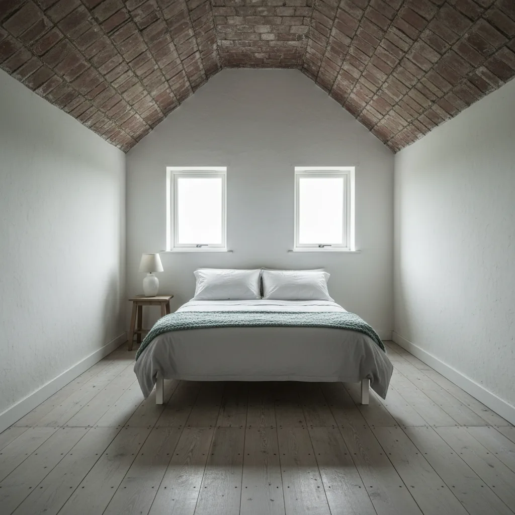 A loft bedroom with two roof windows in a tiled slope, plain white walls and a made bed below them, even grey daylight, no people