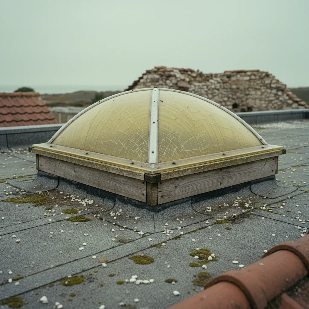 An old polycarbonate rooflight dome, yellowed and crazed by ultraviolet, sitting on a weathered timber kerb on a bungalow flat roof