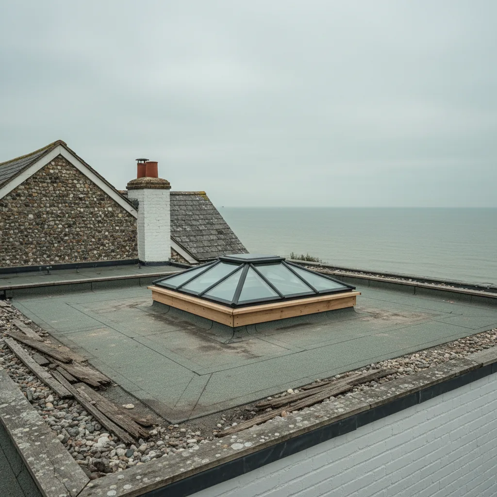 A replacement rooflight sitting on a new kerb on a flat roof, the line of the old weathered kerb still visible in the membrane around it