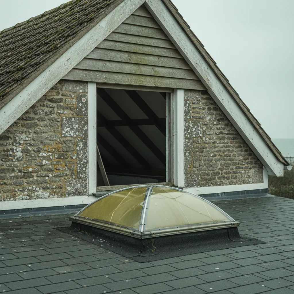 A cracked and delaminated acrylic dome lifted out and set down on a flat roof beside the empty opening, plywood deck visible below