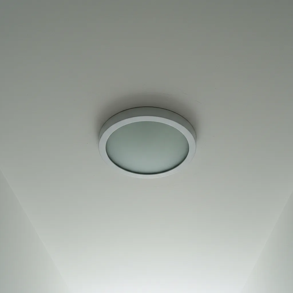 A circular ceiling diffuser at the foot of a sun tunnel in a plain white hallway ceiling, even soft light coming through it
