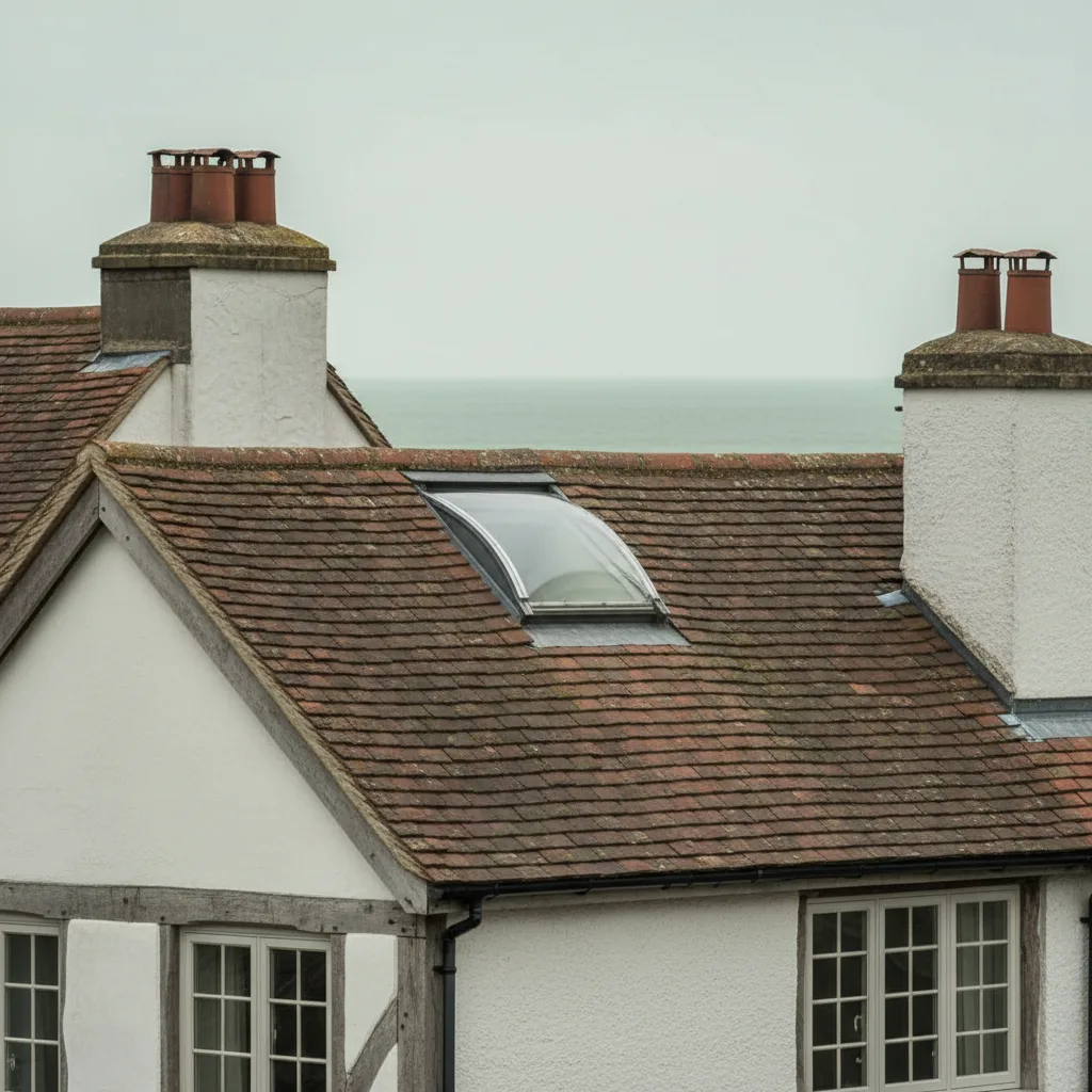 The roof dome of a sun tunnel installed on a tiled slope with its flashing dressed into the courses, seen from ladder height