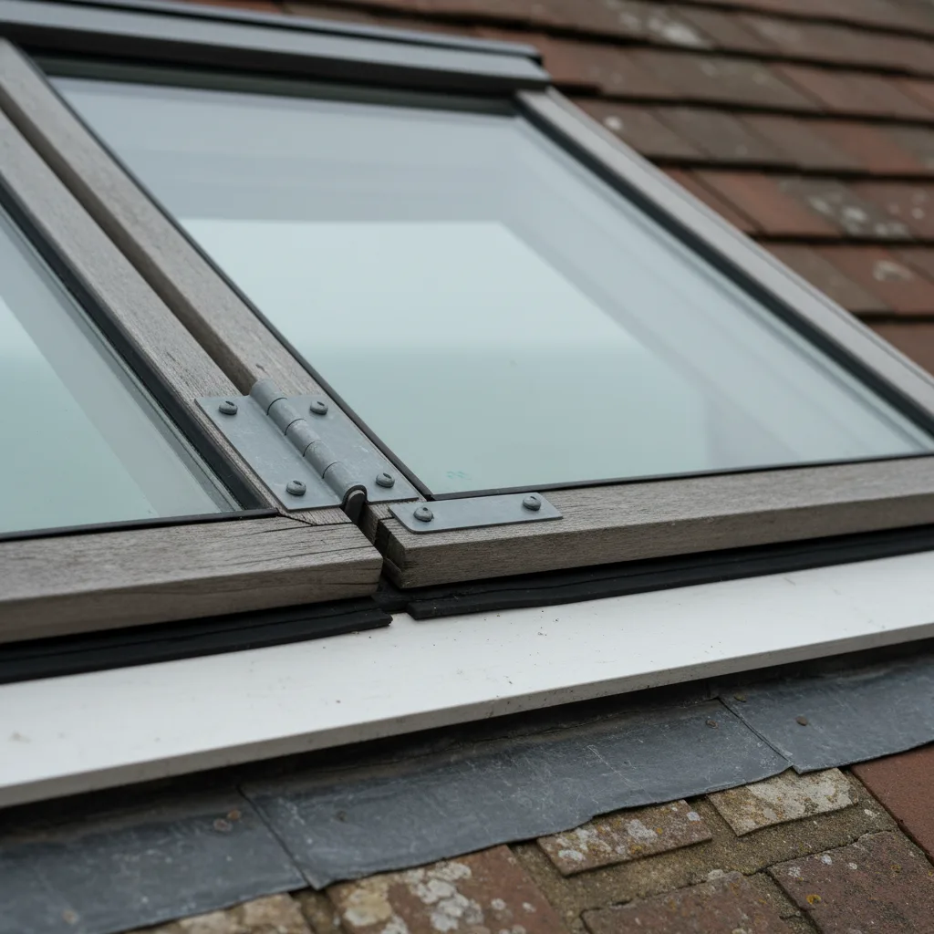 The hinge and locking bar of a centre pivot roof window seen close with the sash rotated part way, the frame and the perimeter seal in focus