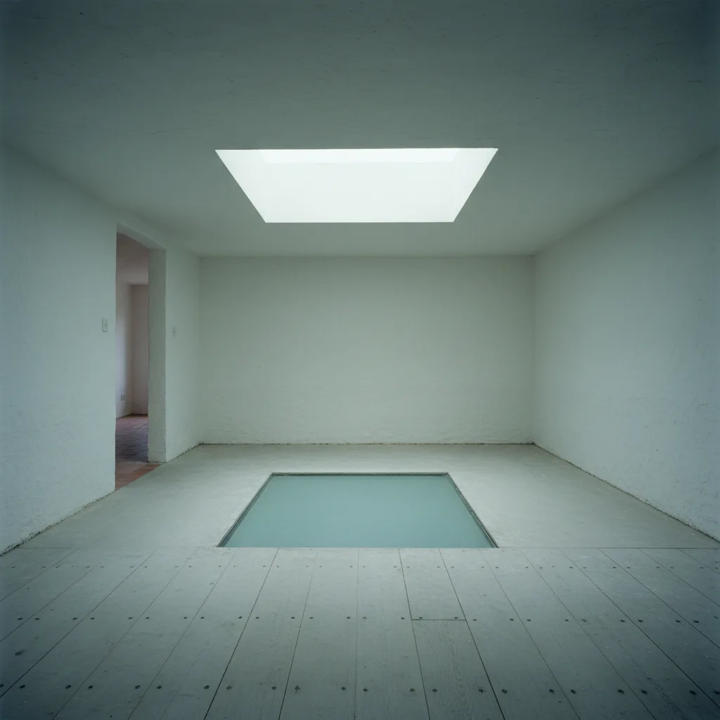 Daylight falling through a glass floor panel into the room below, a soft rectangle of light on a plain floor, seen from inside