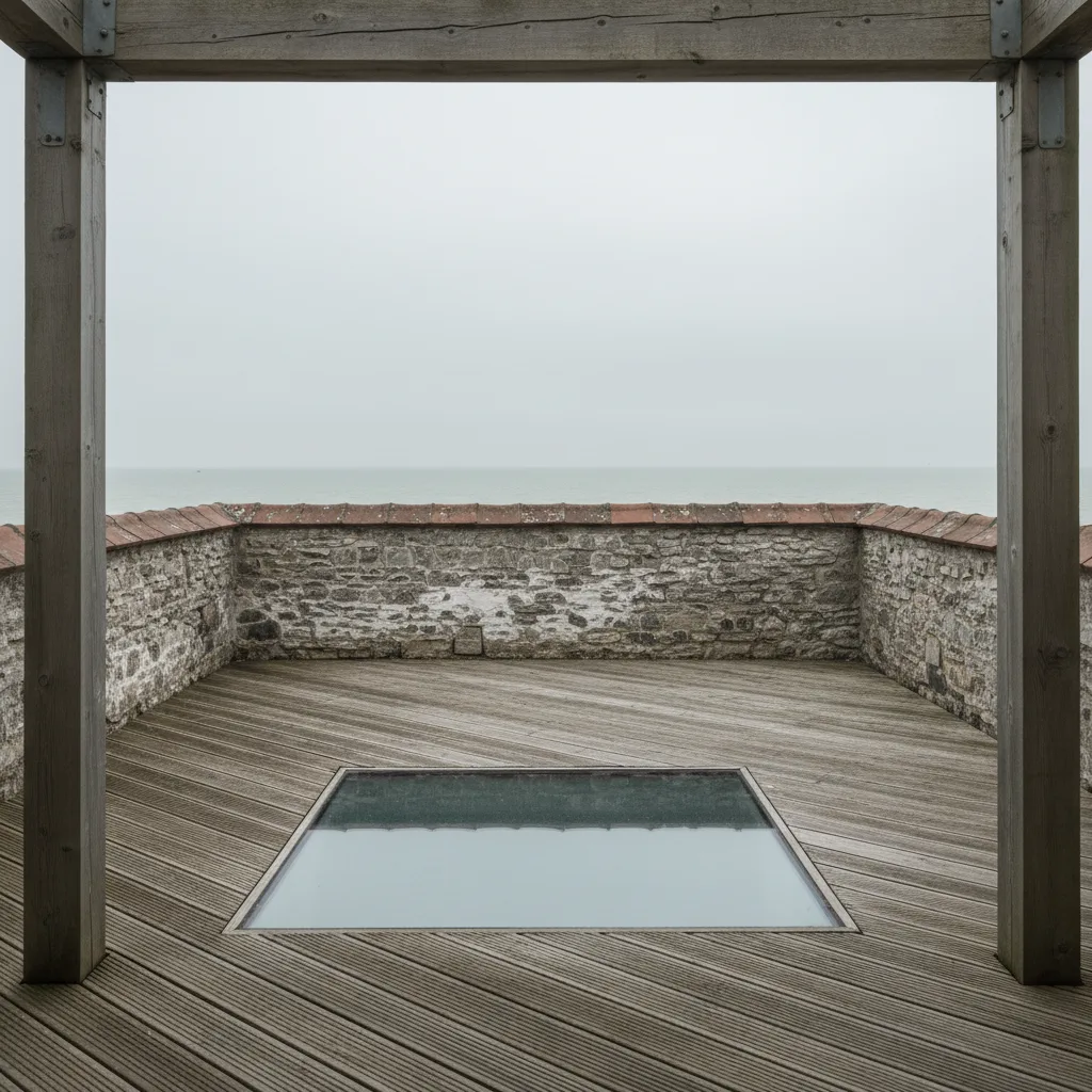A first floor terrace with a walk on glass panel set flush into timber decking, coastal light, plain boundary wall behind, no people